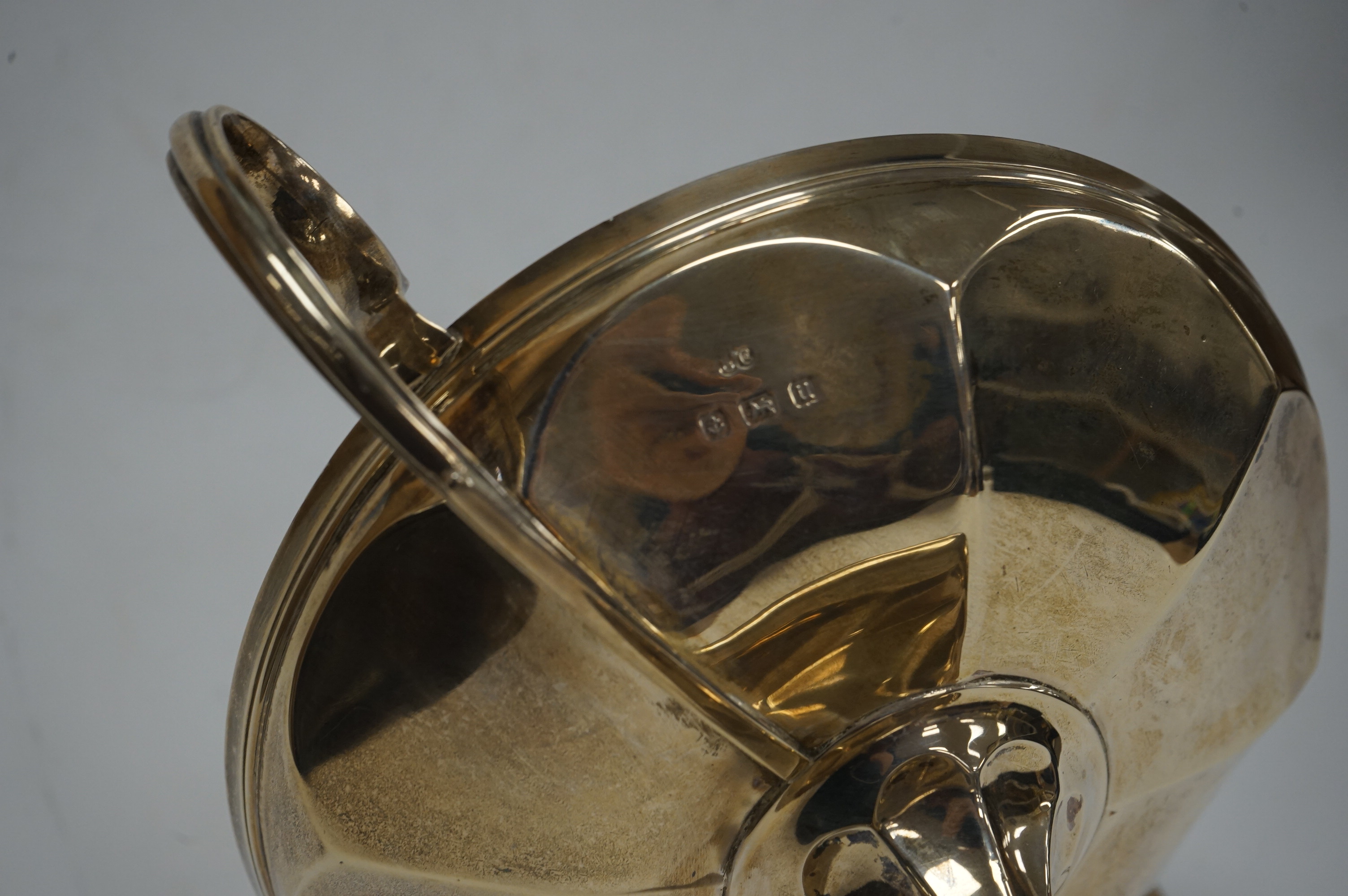 A George V silver two handled tazze, by Elkington & Co, Birmingham, 1919, height 16.7cm, 11.9oz. Condition - poor to fair